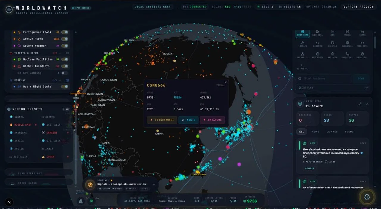 A dark open-source intelligence dashboard showing a globe covered in flight, fire and incident markers, surrounded by panels of feeds, filters and alerts